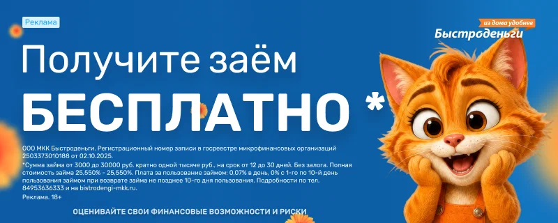 Реклама. Заём от 3 000 до 100 000 ₽ на карту — «Быстроденьги». 18+